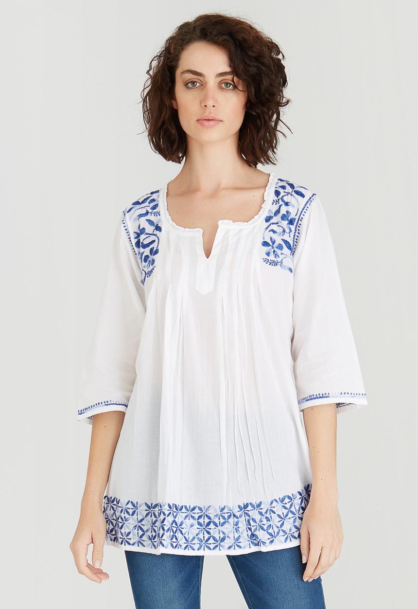 G Couture - Border Embroidered Tunic Top Blue and White