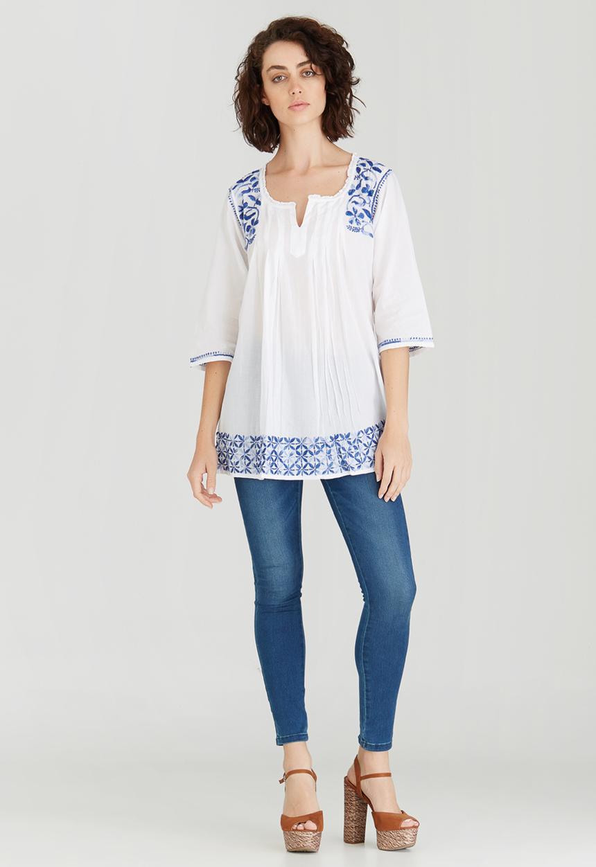 G Couture - Border Embroidered Tunic Top Blue and White