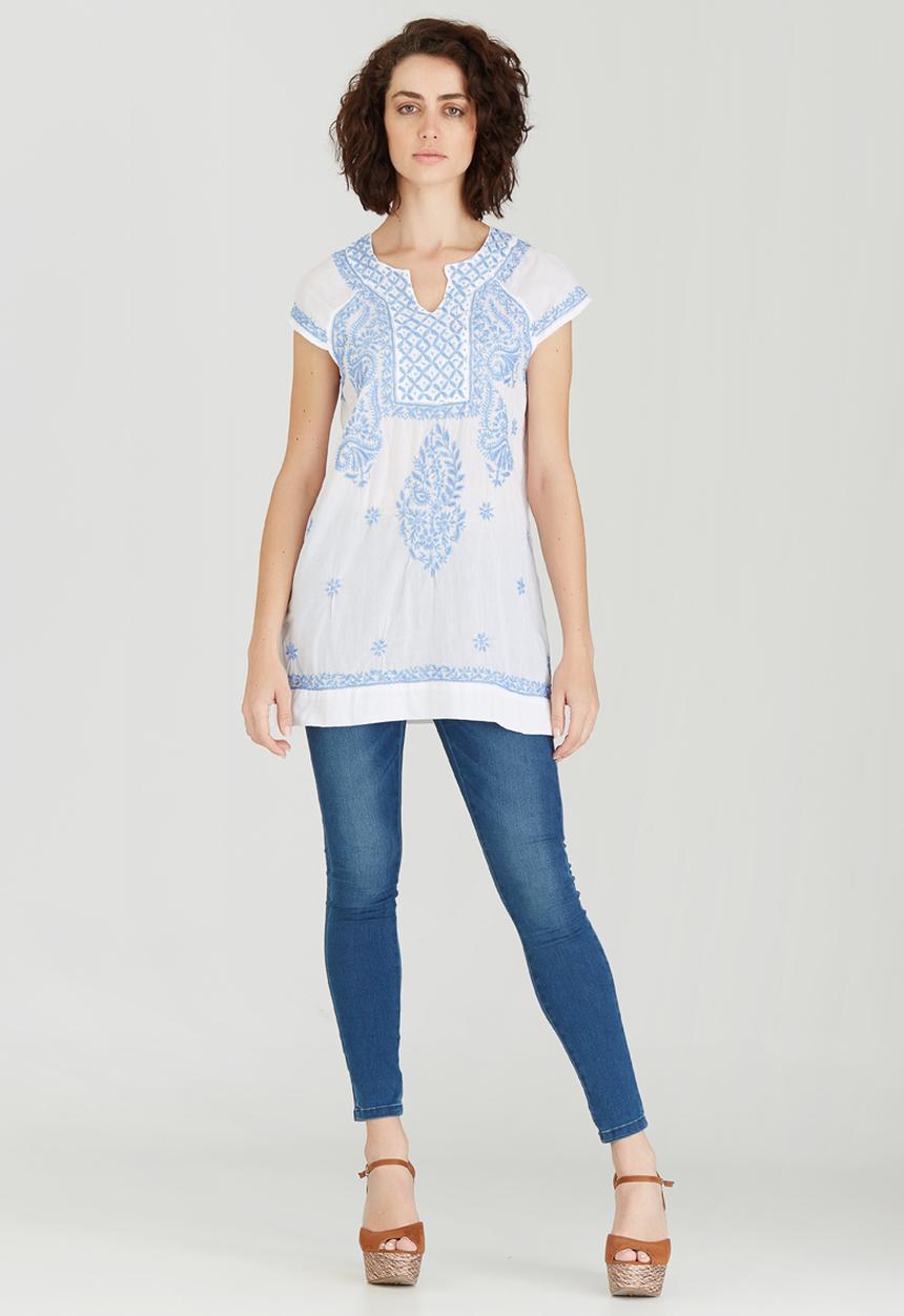 G Couture - Notch Neck Embroidered Top Blue and White