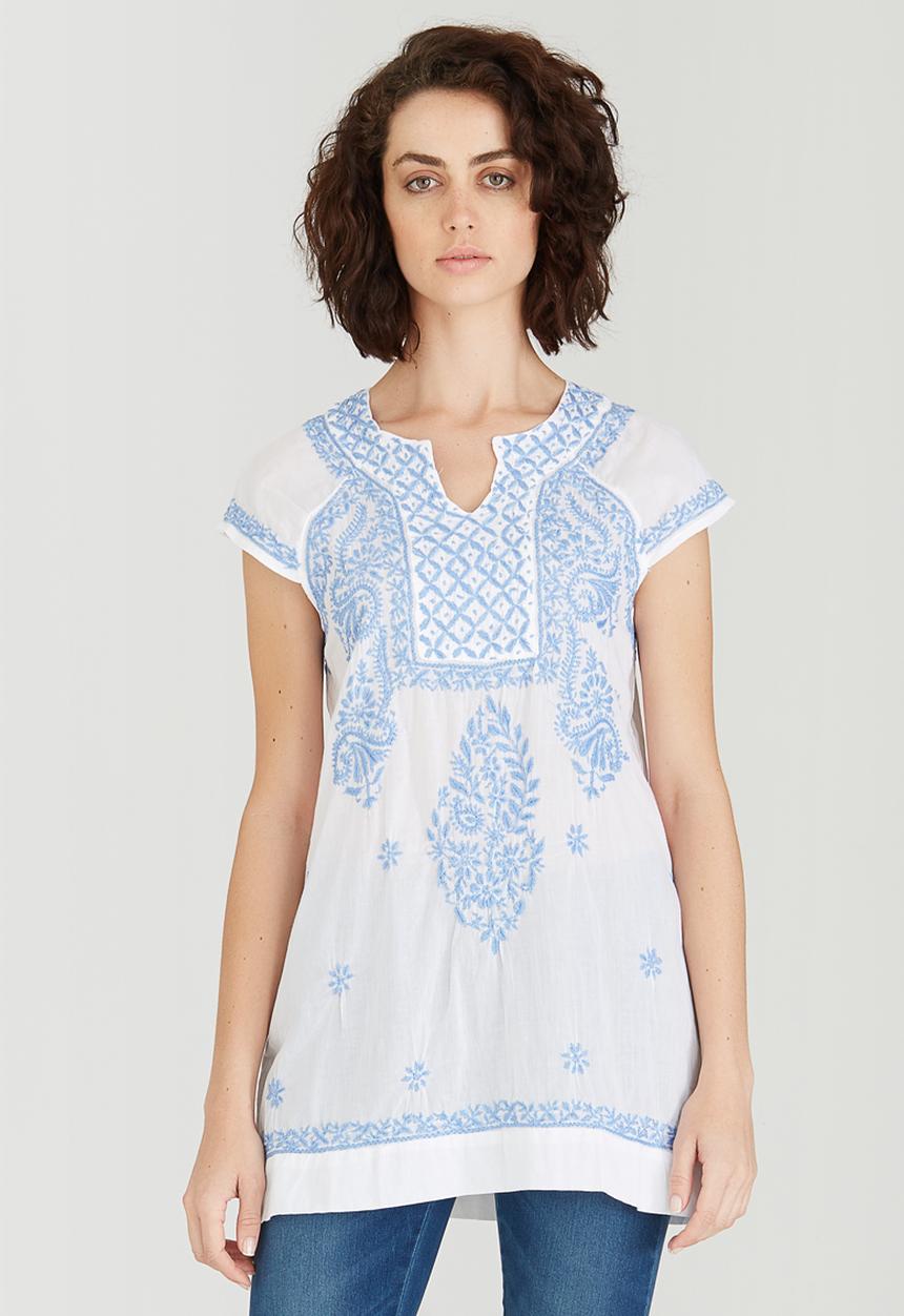 G Couture - Notch Neck Embroidered Top Blue and White