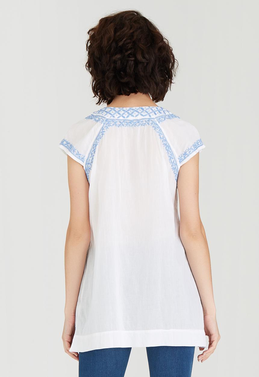 G Couture - Notch Neck Embroidered Top Blue and White