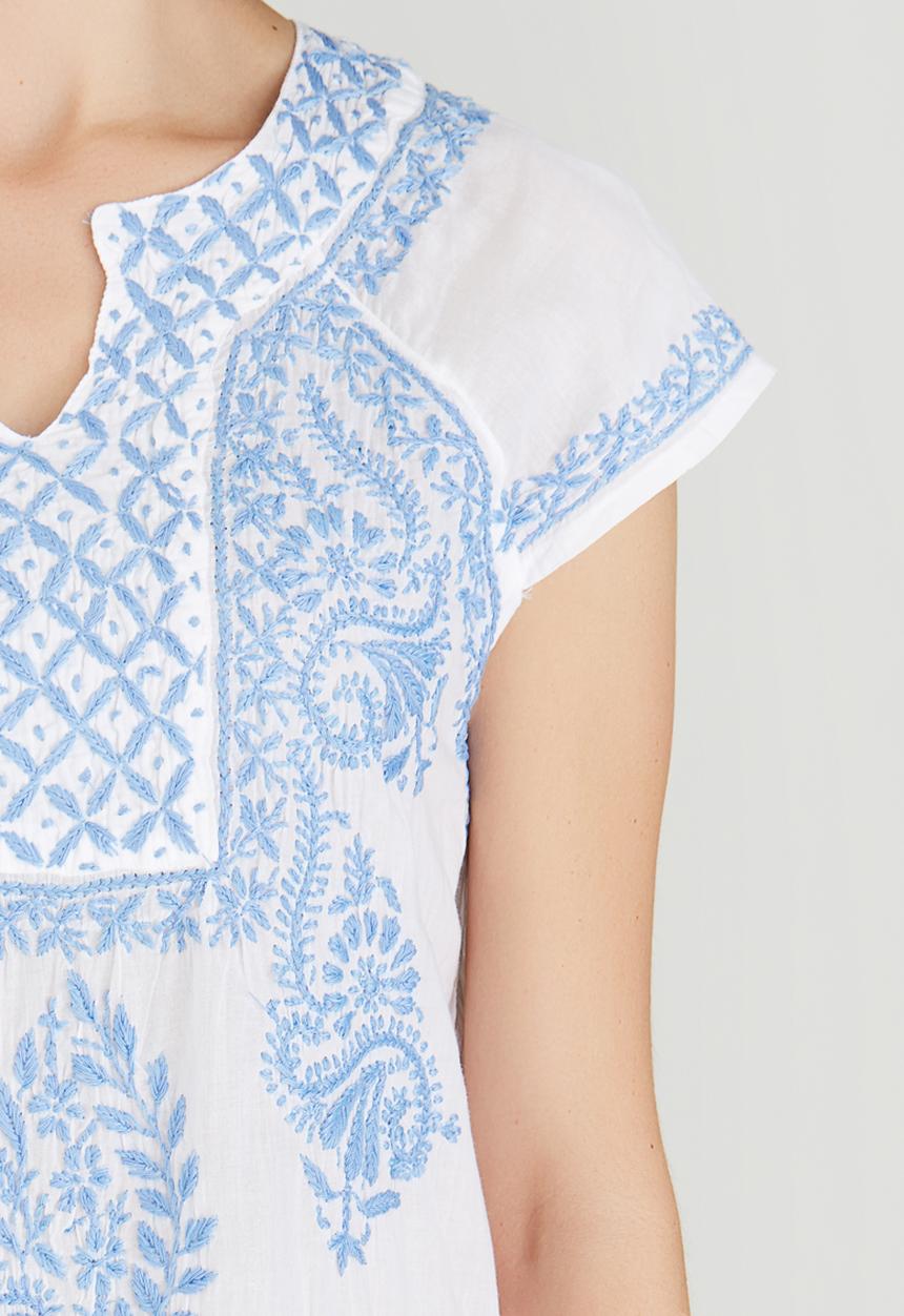 G Couture - Notch Neck Embroidered Top Blue and White