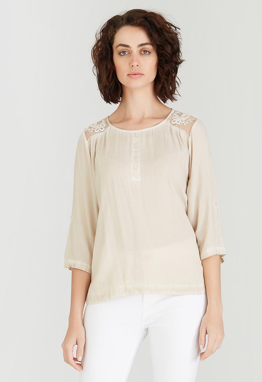 G Couture - Top with Mesh Embroidered Yokes Stone