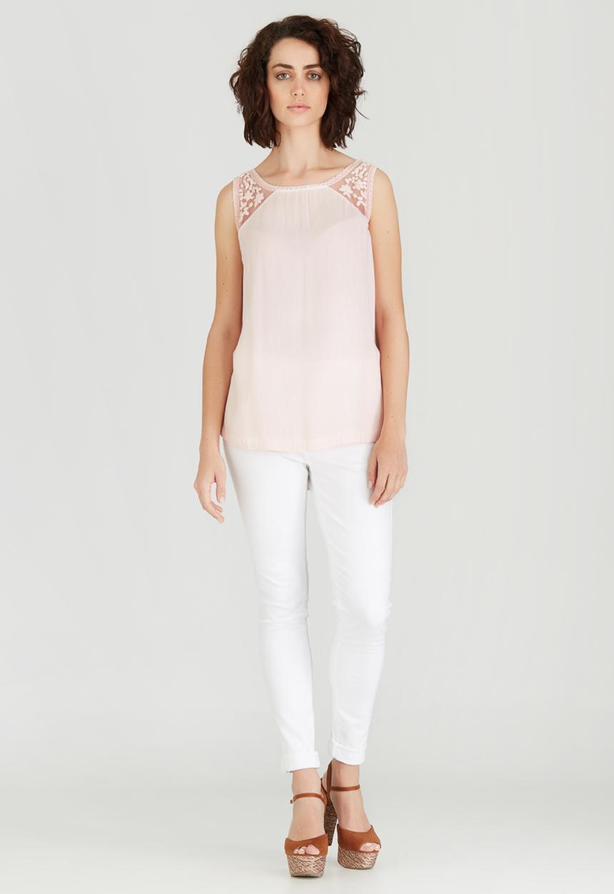 G Couture - Mesh Embroidered  Shoulder Yoke Top Pale Pink