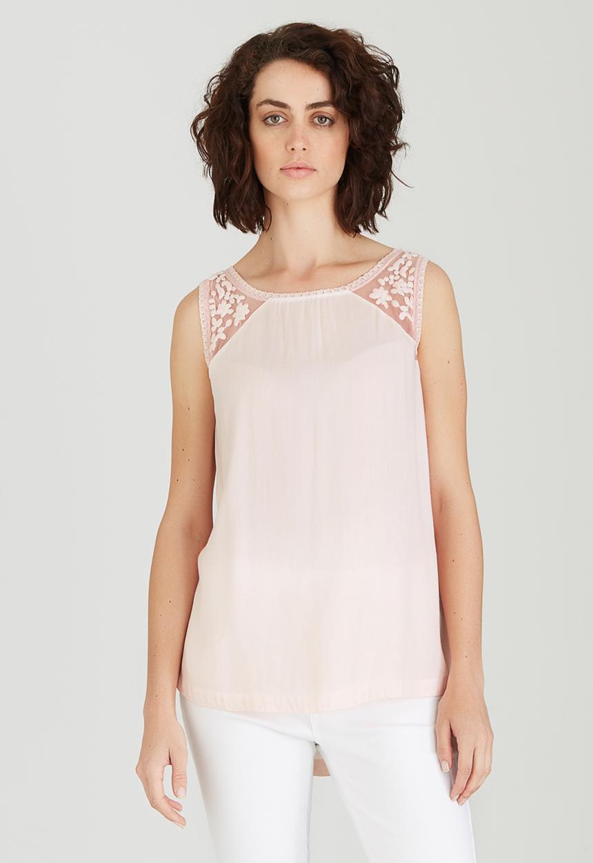 G Couture - Mesh Embroidered  Shoulder Yoke Top Pale Pink