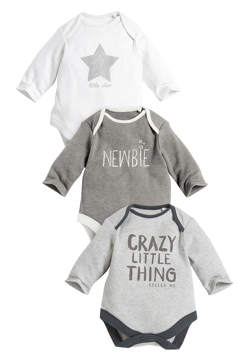 Next - 3 Pack slogan sleepsuits Grey