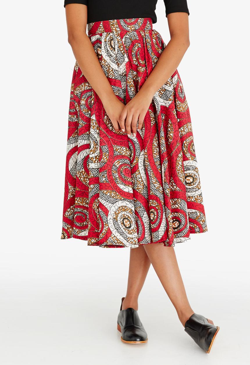 AfroDizzy - Swirl Printed 50s Skirt Red