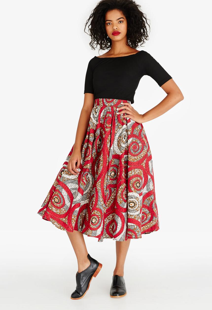 AfroDizzy - Swirl Printed 50s Skirt Red