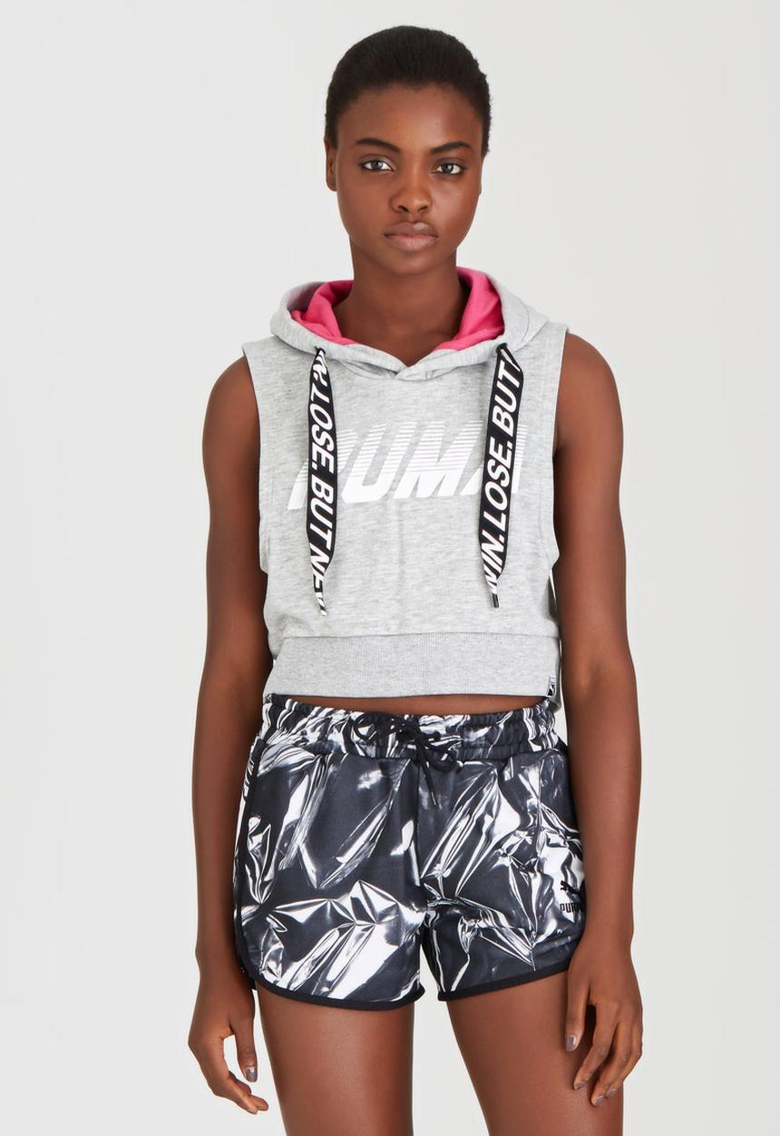 PUMA - Cropped Sleeveless Hooded Sweater Grey Melange