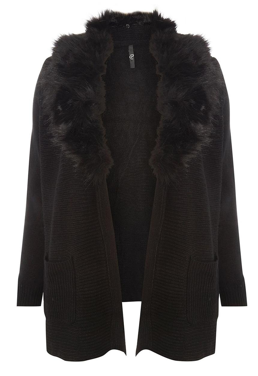 EVANS - Cardigan with Faux Fur Collar Black