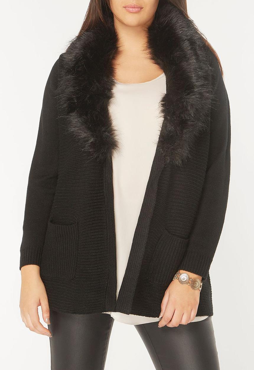 EVANS - Cardigan with Faux Fur Collar Black
