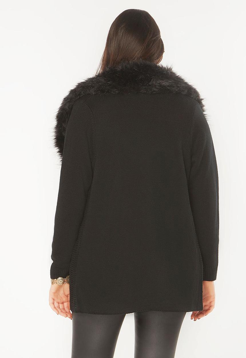EVANS - Cardigan with Faux Fur Collar Black