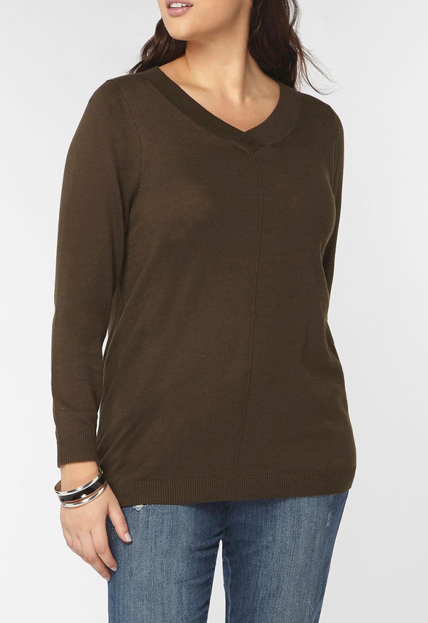 EVANS - V-Neck Long Sleeve Sweater Khaki Green