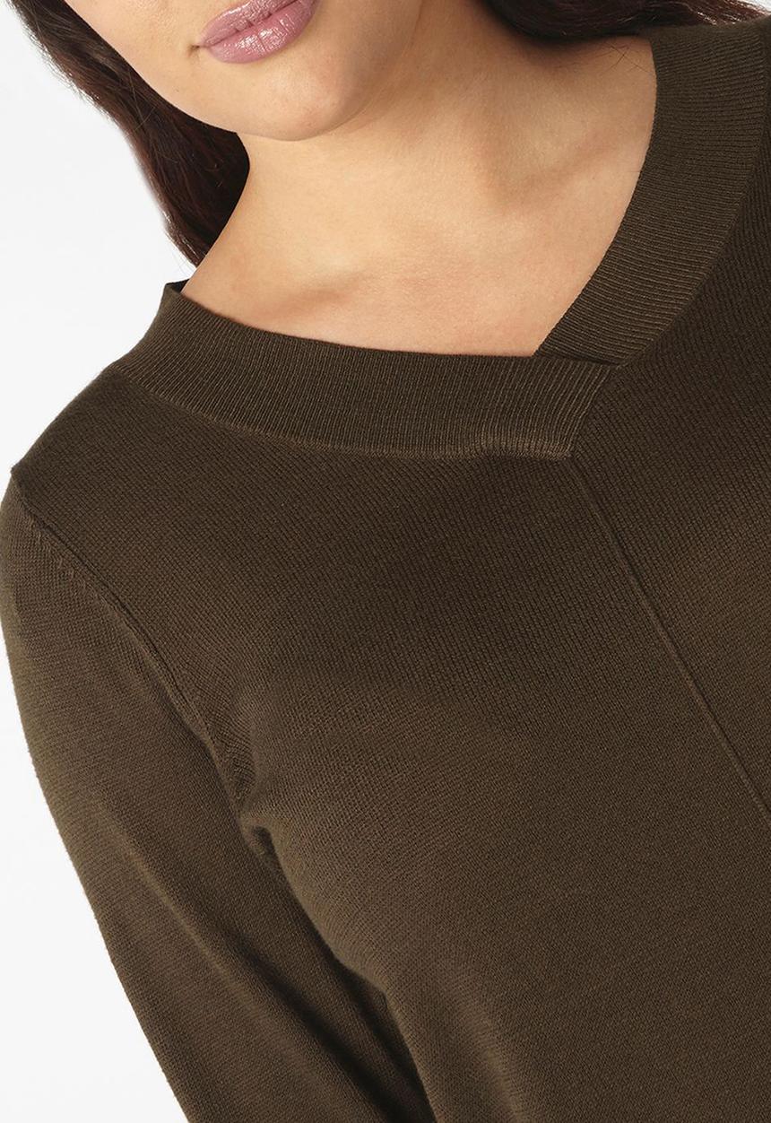 EVANS - V-Neck Long Sleeve Sweater Khaki Green