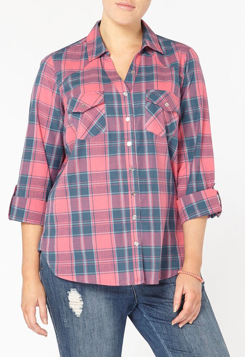 EVANS - Roll-up Sleeve Check Shirt Mid Pink