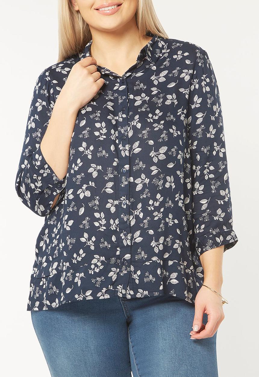 EVANS - Leaf Print Shirt Navy