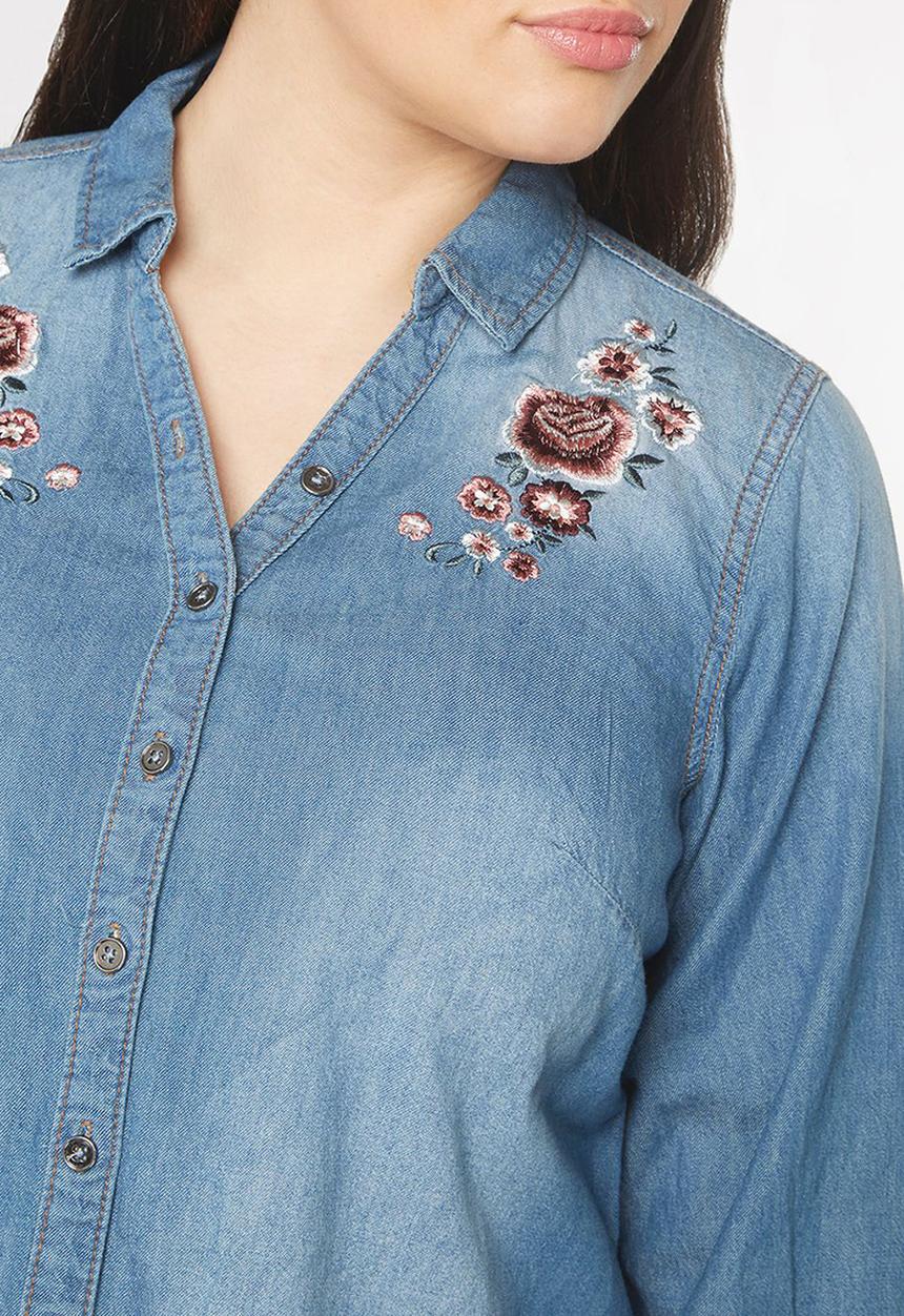 EVANS - Embroidery Detail Denim Shirt Blue