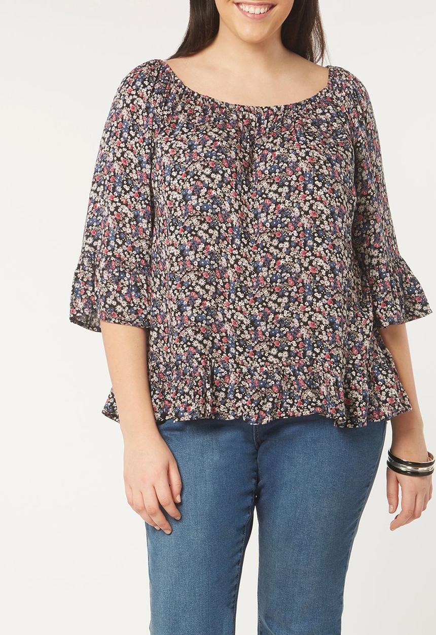 EVANS - All-over Print Frill Gypsy Top Multi-colour