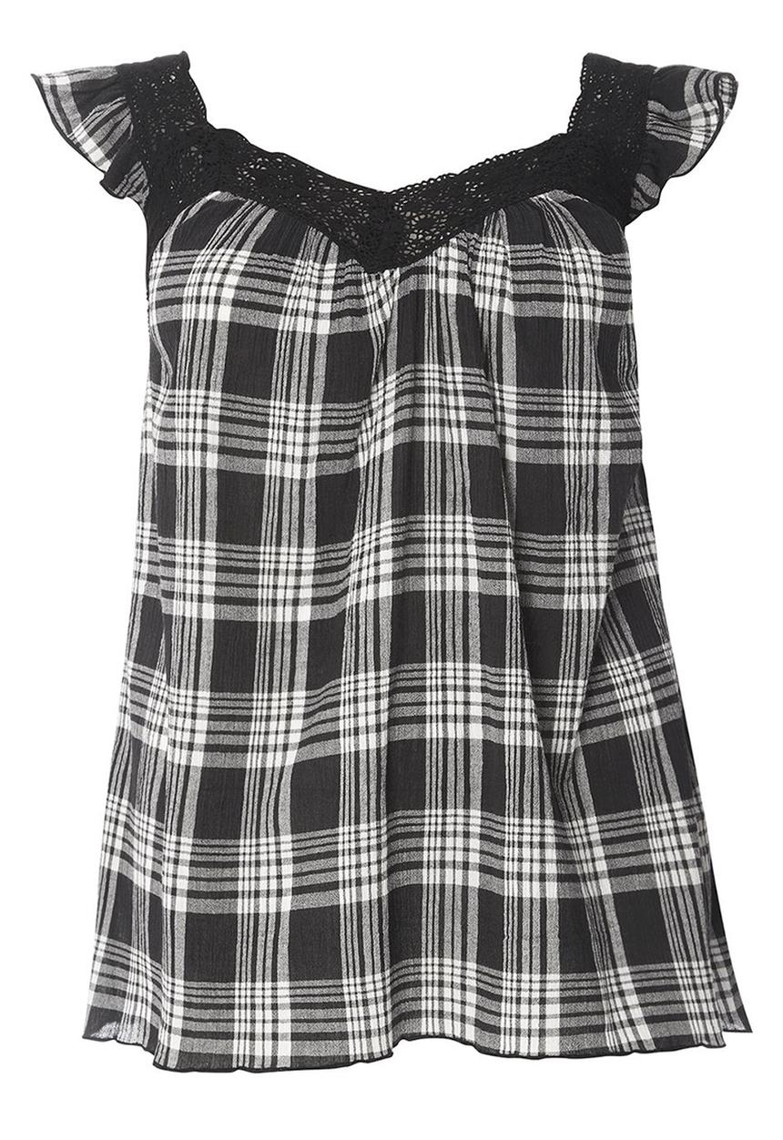 EVANS - Lace Trim Check Top Black and White