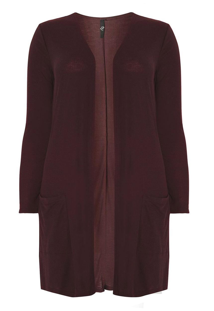 EVANS - Longline Ribbed Cardigan with Pockets Dark Red
