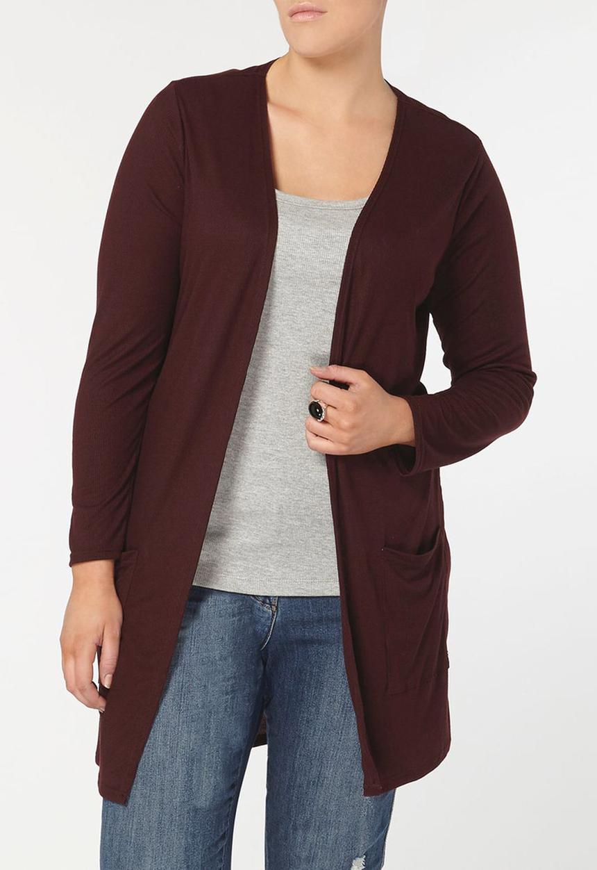 EVANS - Longline Ribbed Cardigan with Pockets Dark Red