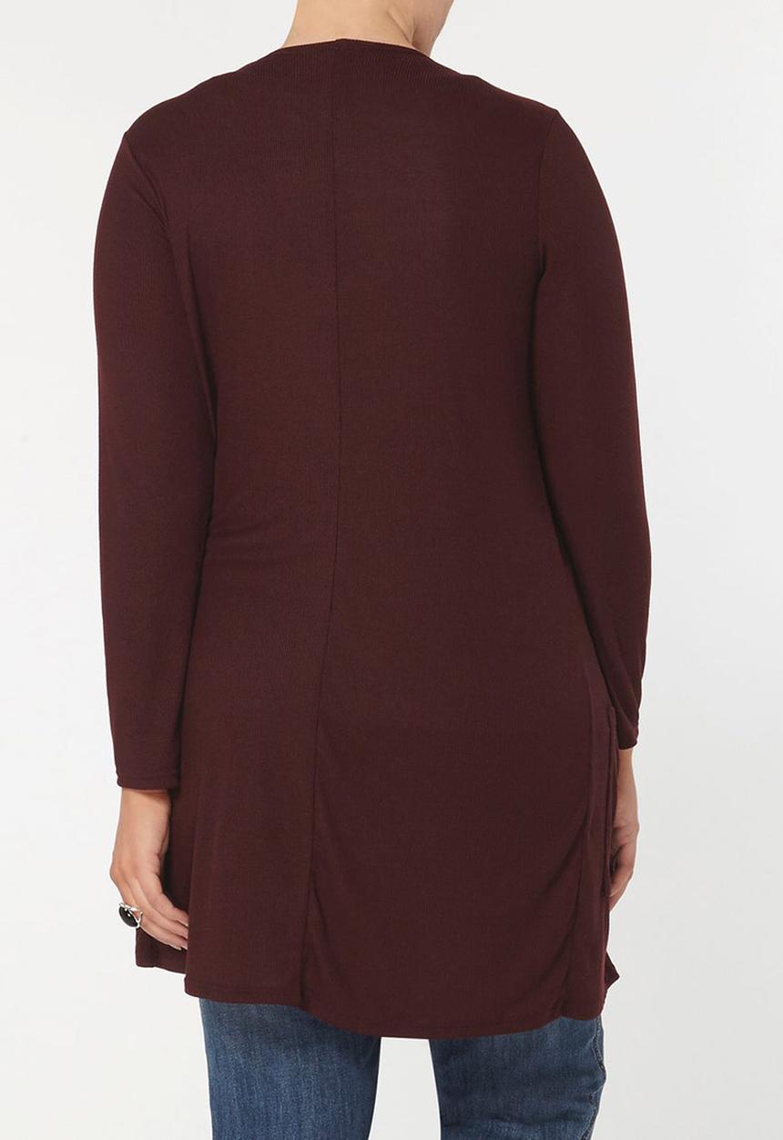 EVANS - Longline Ribbed Cardigan with Pockets Dark Red