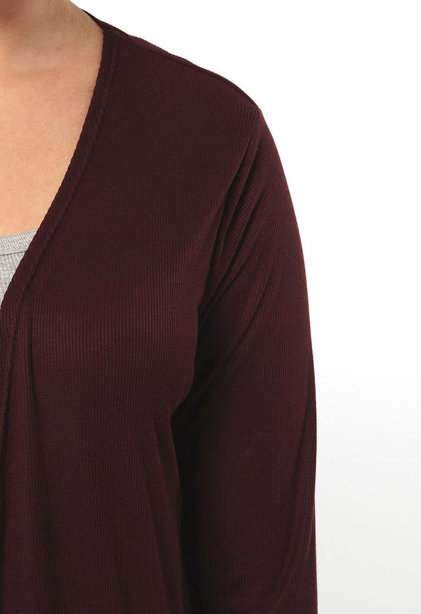 EVANS - Longline Ribbed Cardigan with Pockets Dark Red