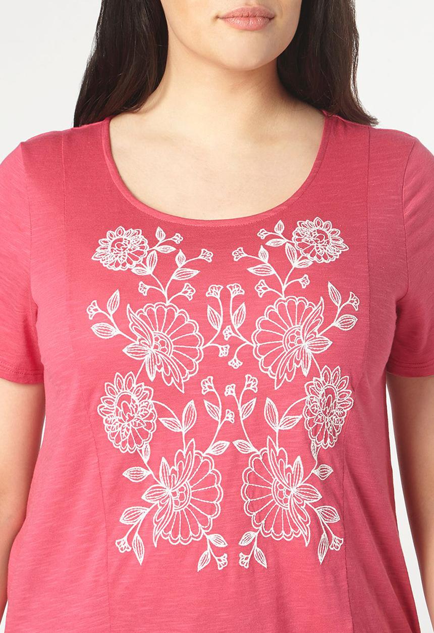 EVANS - Short Sleeve Embroidery Detail Tee Mid Pink