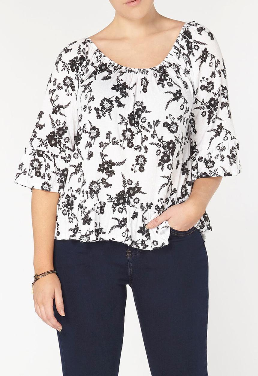 EVANS - All-over Print Crinkle Bardot Top Black and White
