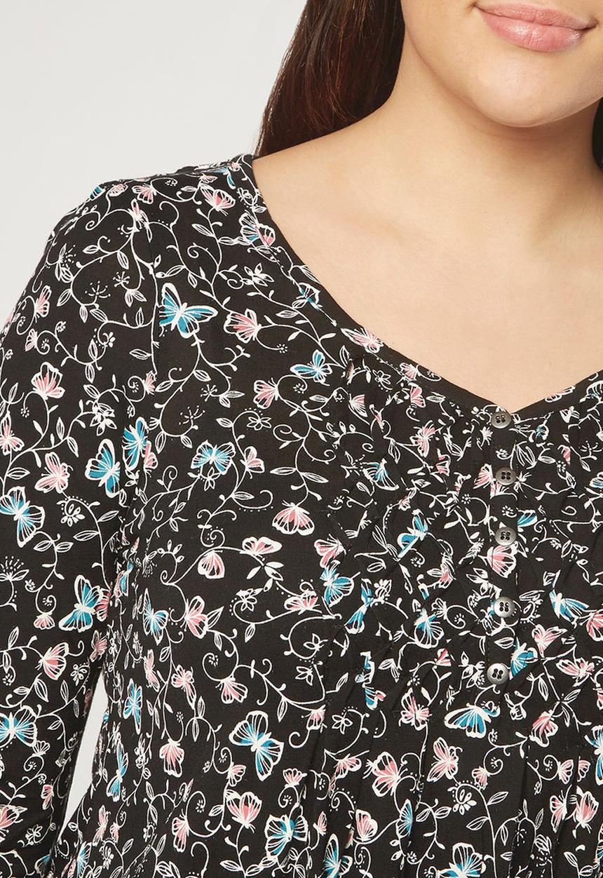 EVANS - All-over Print Pleat Detail Top Black