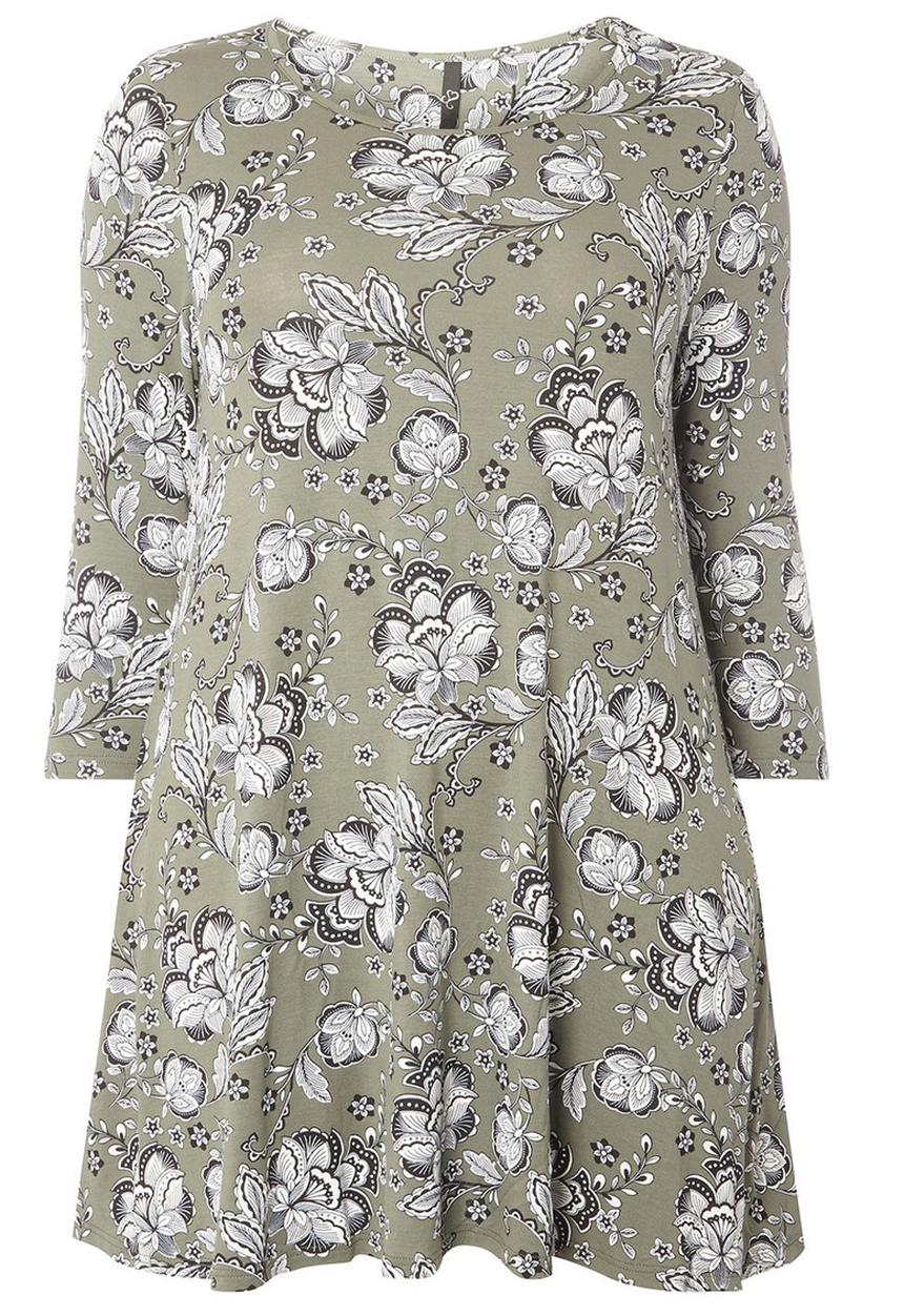 EVANS - Floral Print Swing Tunic Khaki Green