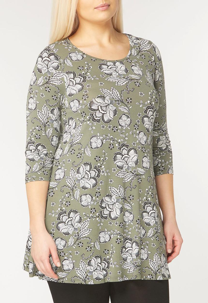 EVANS - Floral Print Swing Tunic Khaki Green