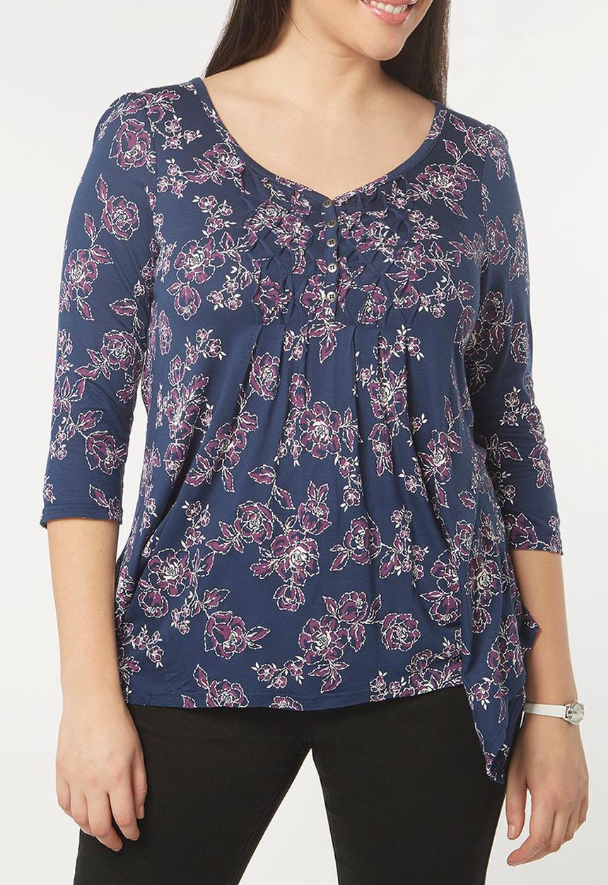 EVANS - All-over Print Pleat Detail Top Navy
