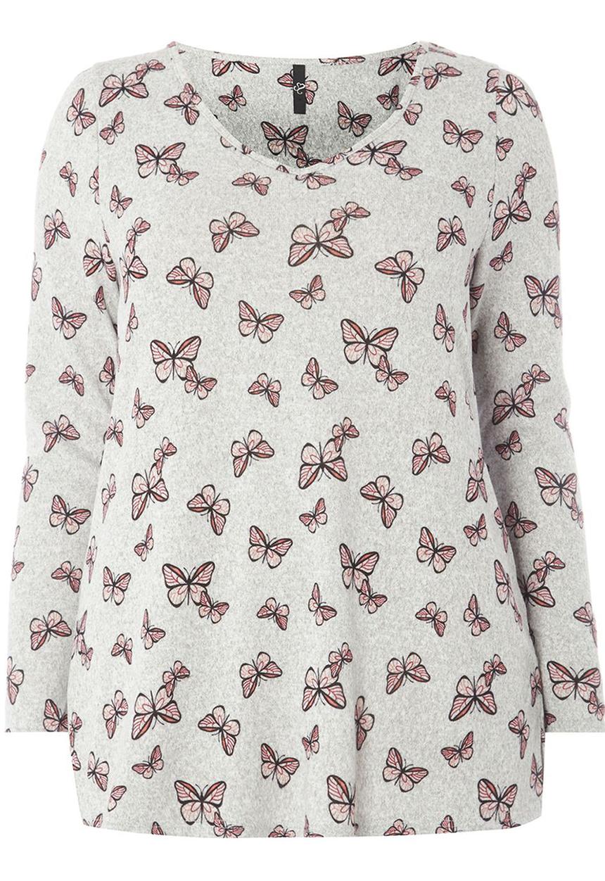EVANS - Butterfly Print Soft Touch Top Grey