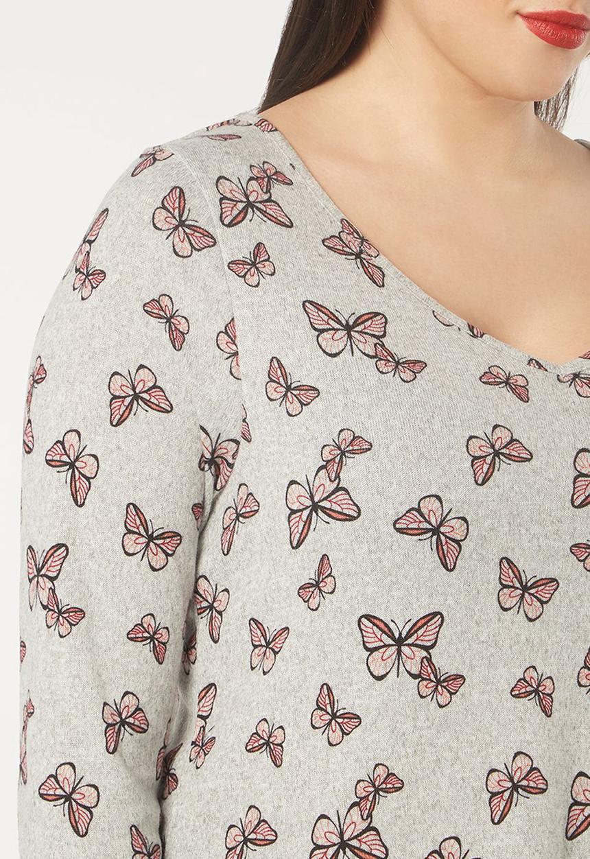 EVANS - Butterfly Print Soft Touch Top Grey