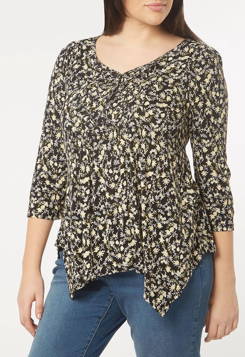EVANS - All-over Print Pleat Detail Top Black