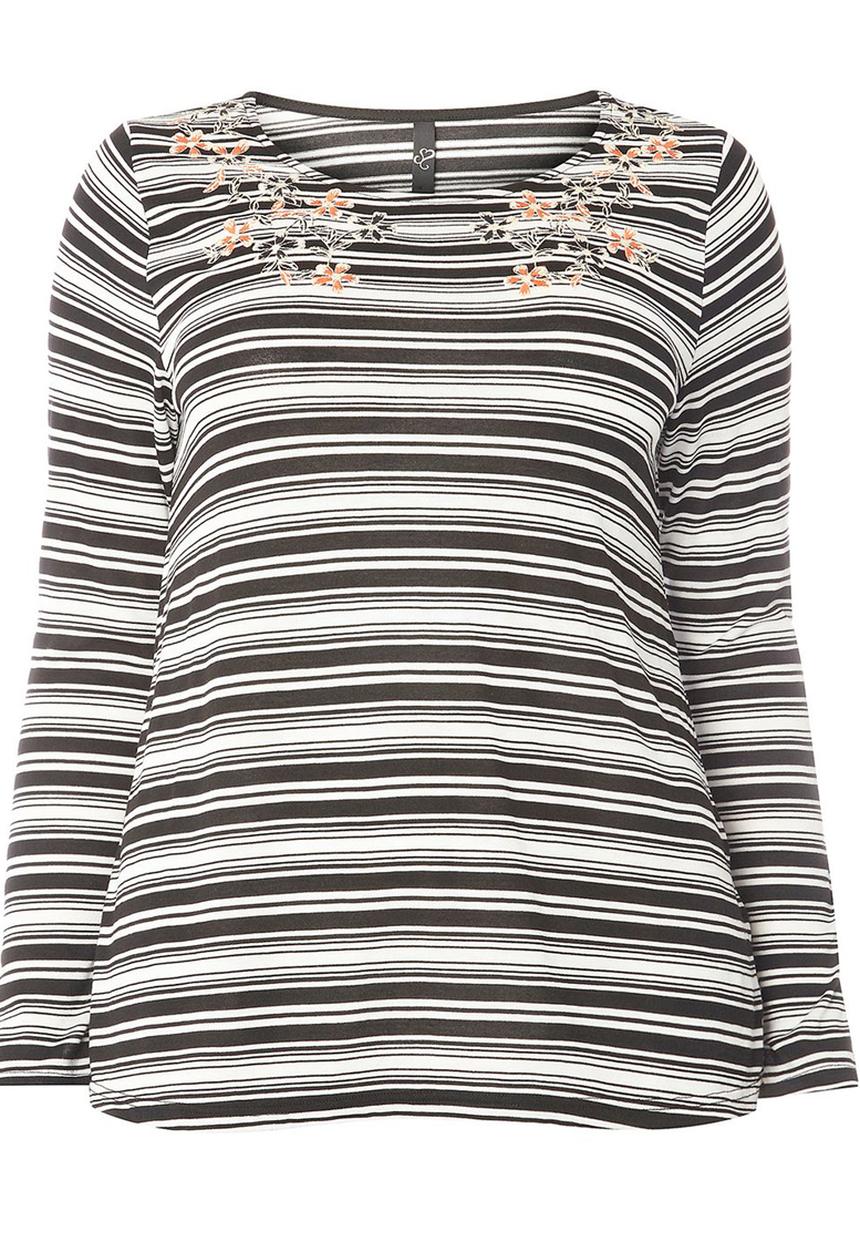 EVANS - Stripe Embroidery Detail Top Black and White