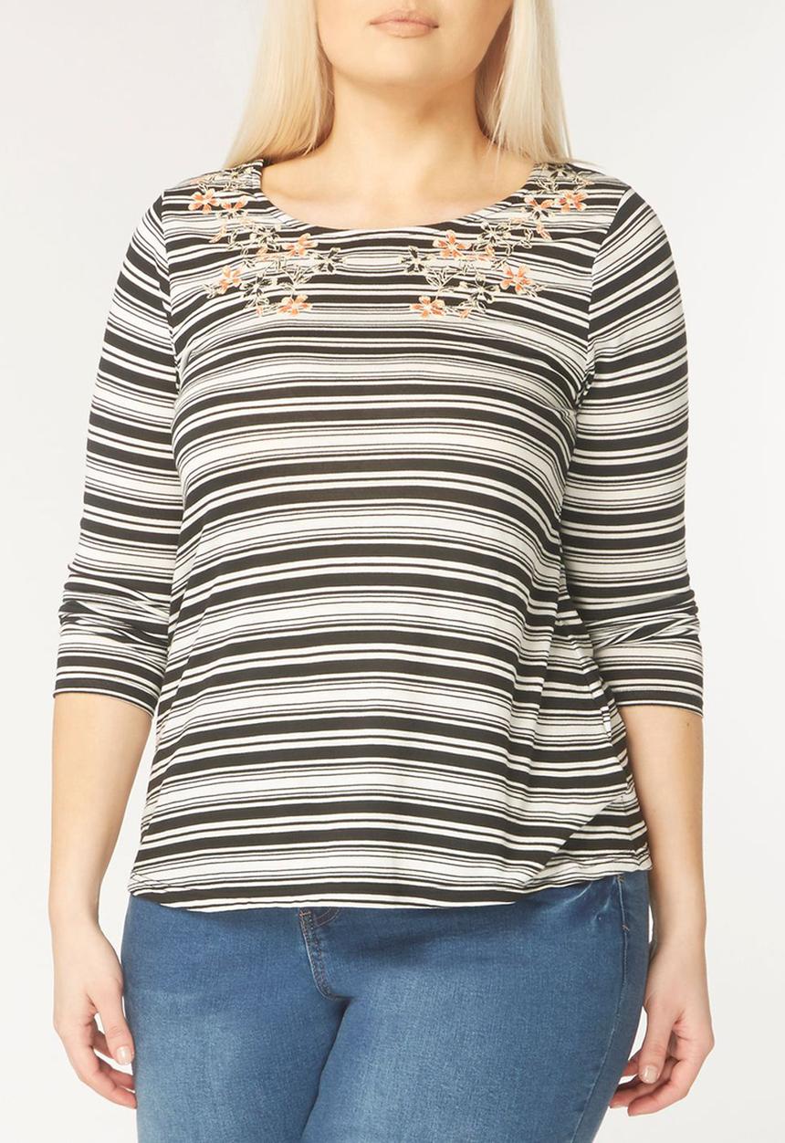 EVANS - Stripe Embroidery Detail Top Black and White