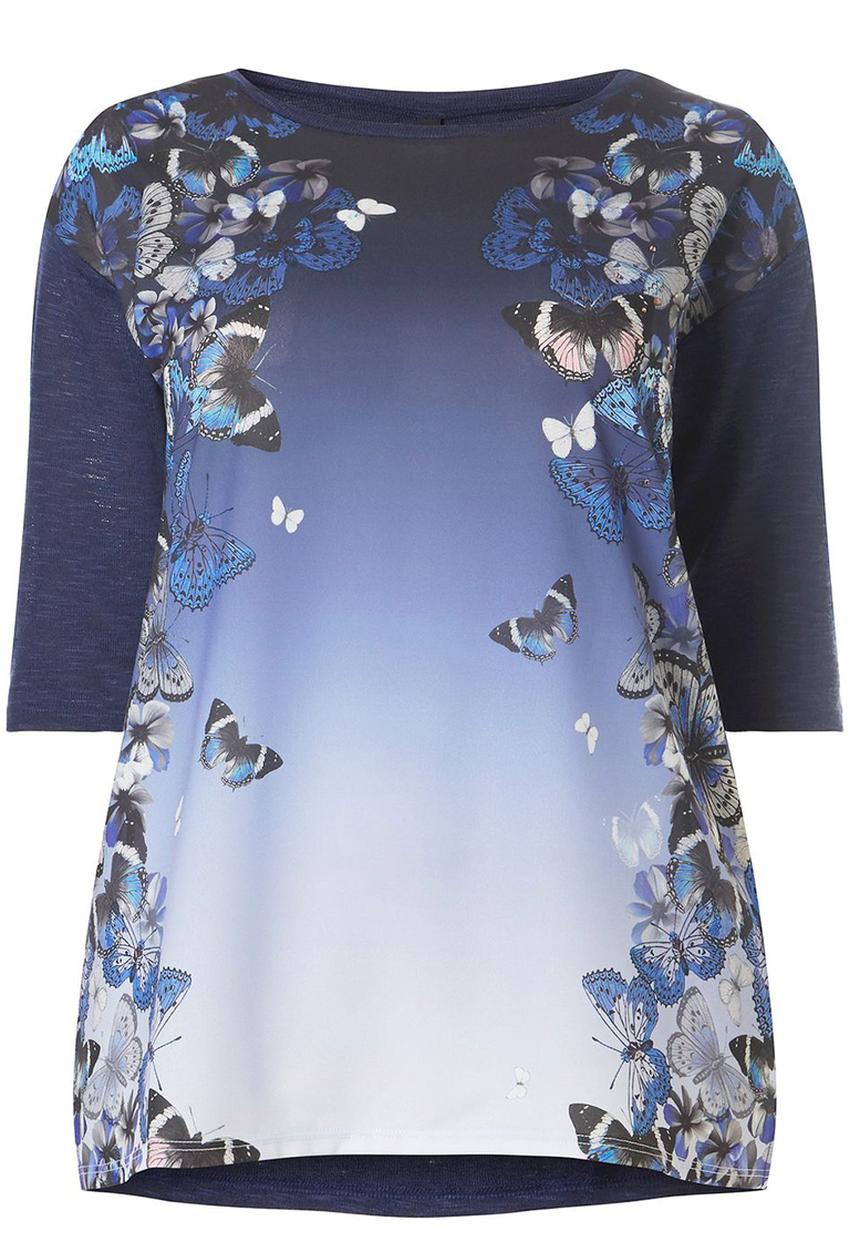 EVANS - Butterfly Print T-Shirt Mid Blue