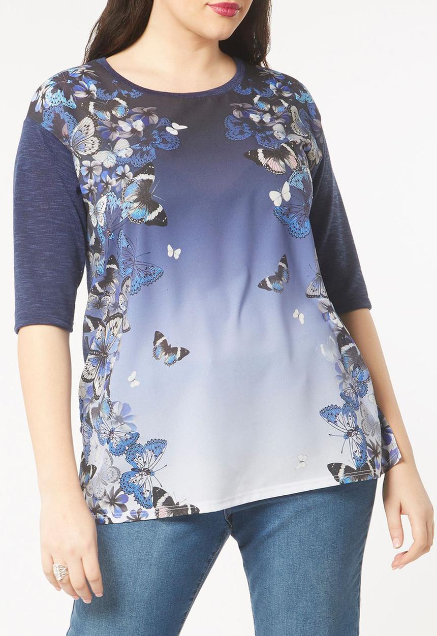 EVANS - Butterfly Print T-Shirt Mid Blue