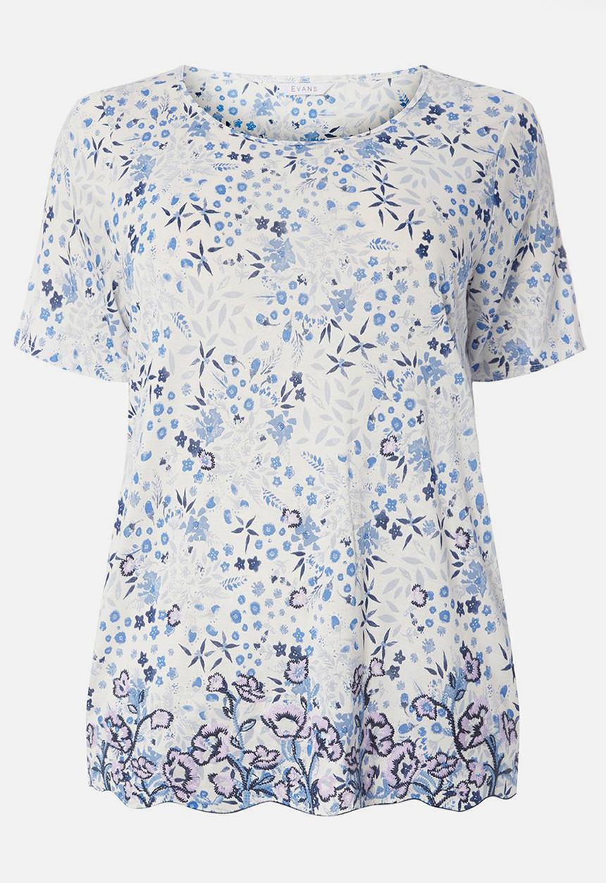 EVANS - Floral Embroidered Hem T-Shirt Off White