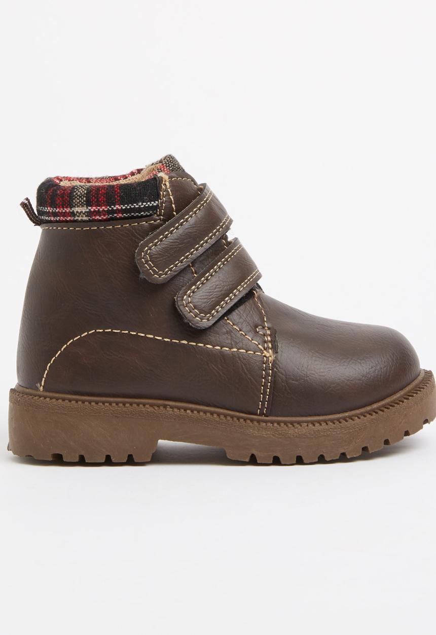 Foot Focus - Velcro strap boot with check detail Dark Brown