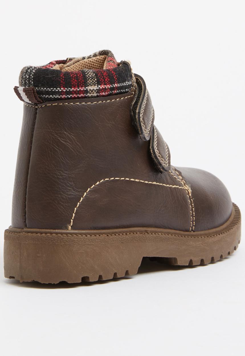 Foot Focus - Velcro strap boot with check detail Dark Brown
