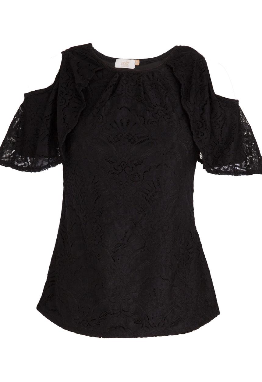 edit - Frilly Cold-shoulder T-shirt Black