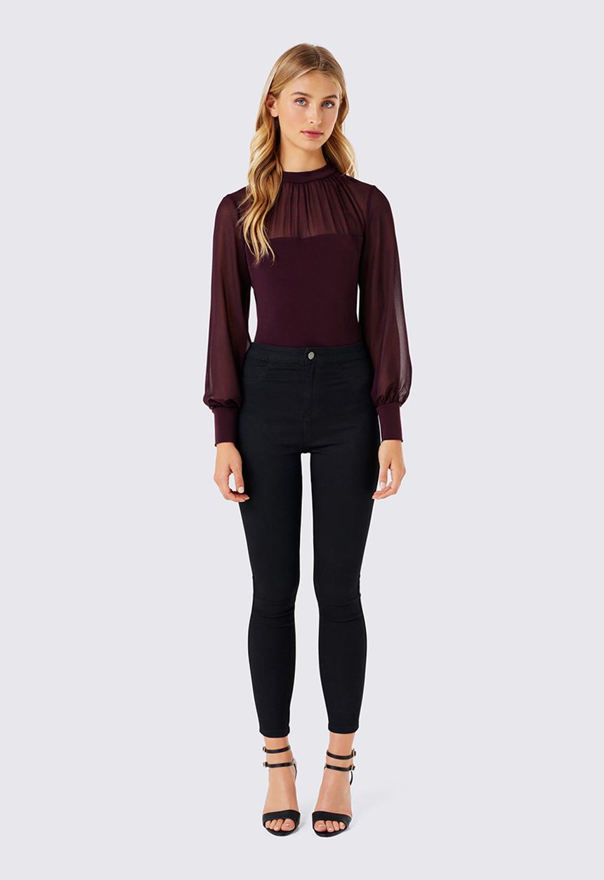 Forever New (Spree) - Joseline Sheer Yoke Bodysuit Dark Purple