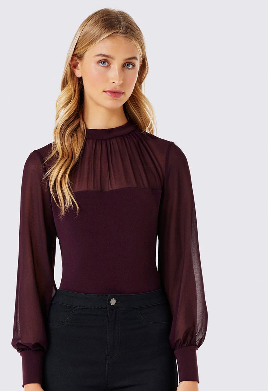 Forever New (Spree) - Joseline Sheer Yoke Bodysuit Dark Purple