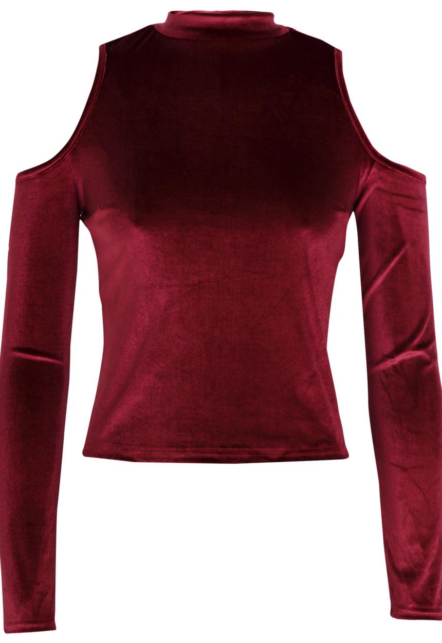 c(inch) - High Neck Cold Shoulder Top Burgundy
