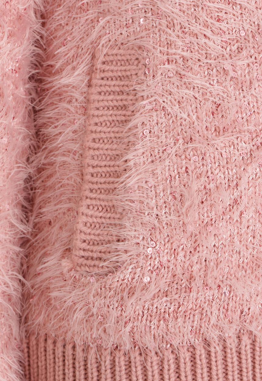 MINOTI - Sequin Fluffy Knit Bomber Jacket Pale Pink