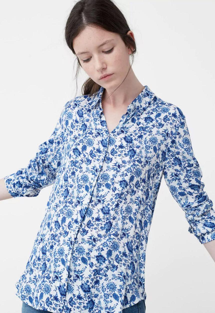 MANGO - Floral Print Shirt Blue and White