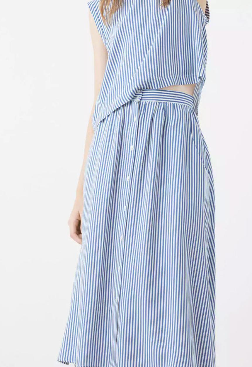 MANGO - Striped Button Detail Midi Skirt Blue and White